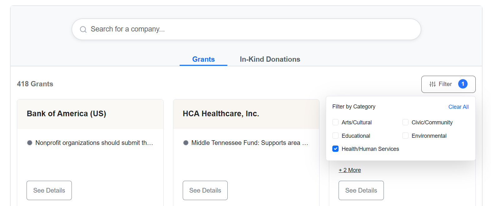 Double the Donation's Corporate Grant Database - Mission Filters
